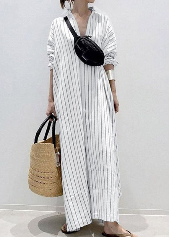 White Peter Pan Collar Striped Maxi Shirts Dresses Long Sleeve