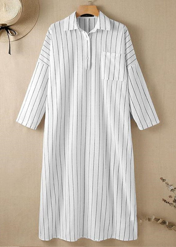 White Peter Pan Collar Striped Maxi Shirts Dresses Long Sleeve