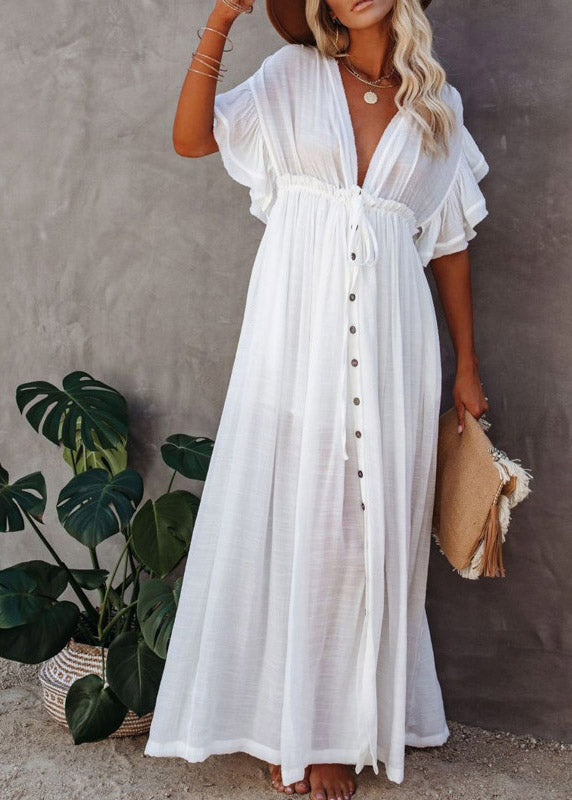 White Pleated Drawstring Party Long Dresses Summer