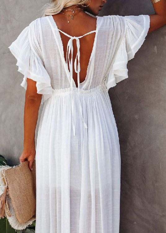 White Pleated Drawstring Party Long Dresses Summer