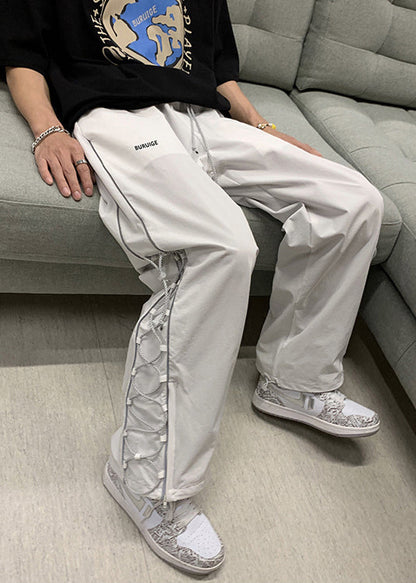 White Pockets Drawstring Cotton Pants Fall