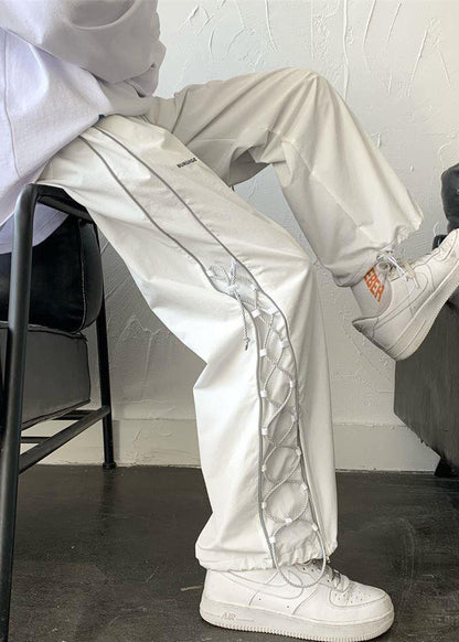 White Pockets Drawstring Cotton Pants Fall