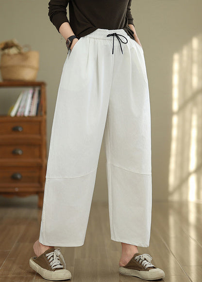 White Pockets Drawstring Cotton Pants Fall