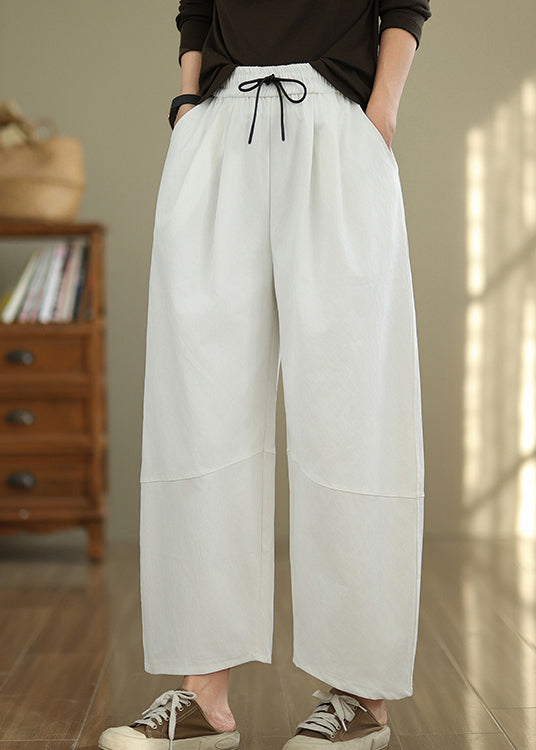 White Pockets Drawstring Cotton Pants Fall