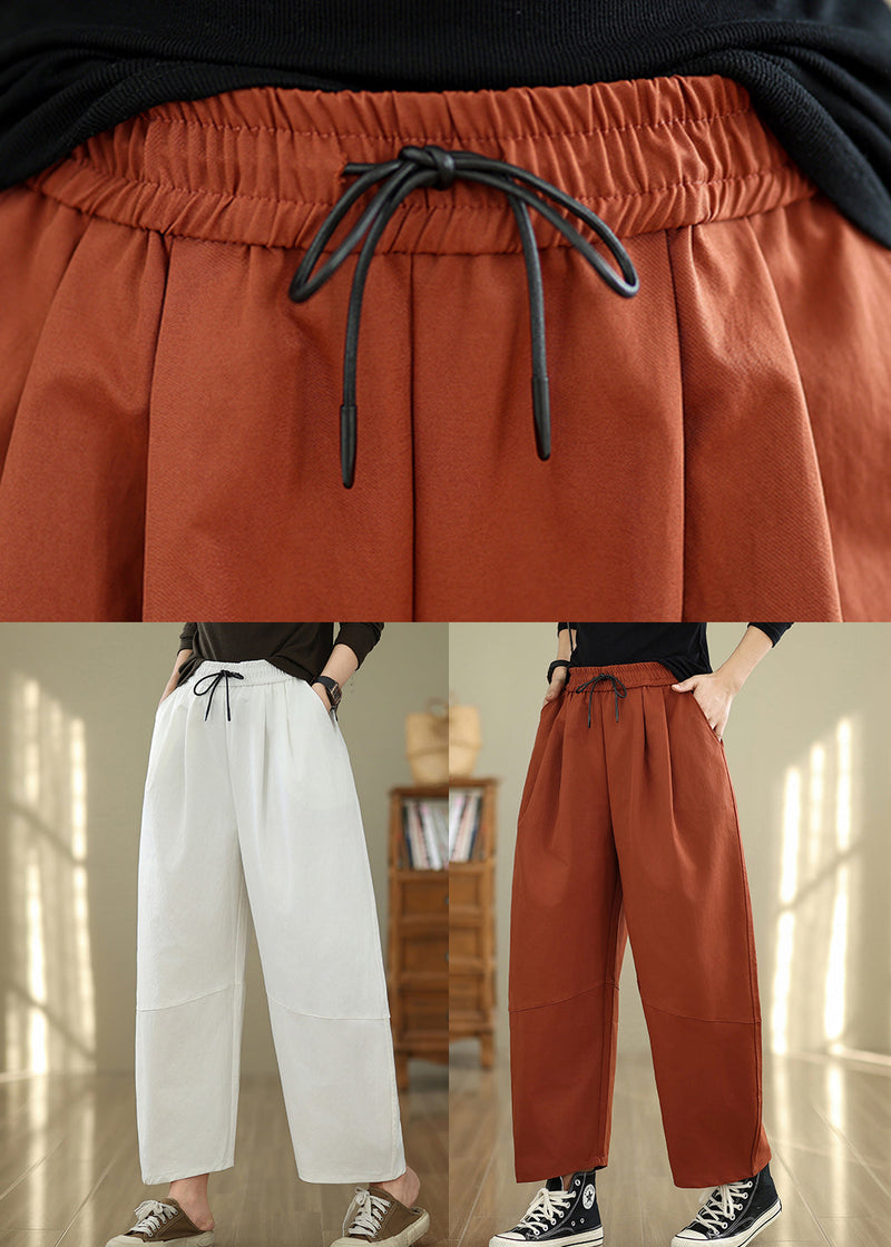 White Pockets Drawstring Cotton Pants Fall