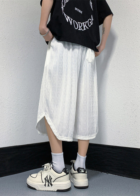 White Pockets Elastic Waist Ice Silk Crop Pants