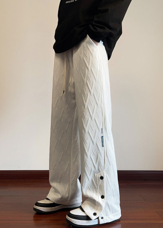 White Pockets Jacquard Side Open Cotton Pants Fall