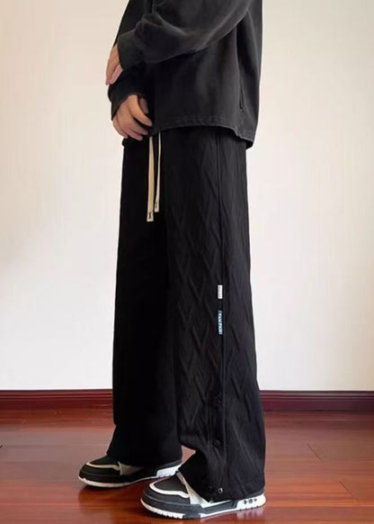 White Pockets Jacquard Side Open Cotton Pants Fall