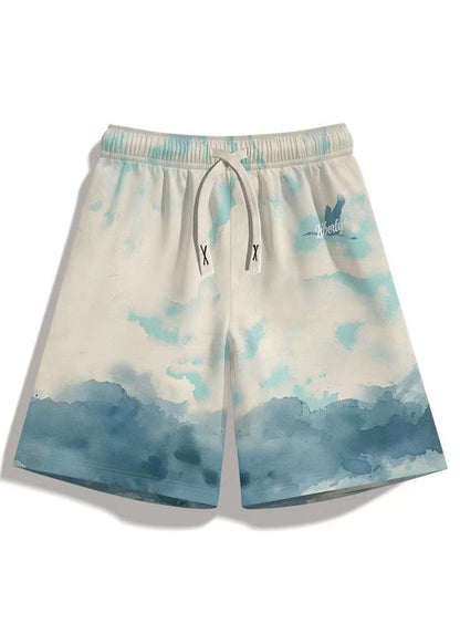White Print Pockets Elastic Waist Cotton Beach Shorts Summer