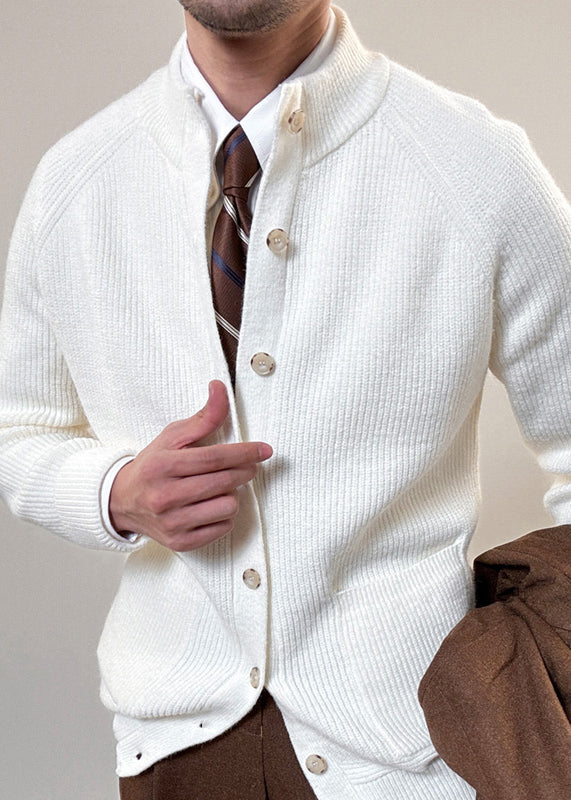 White Stand Collar Button Cotton Knit Coat Spring