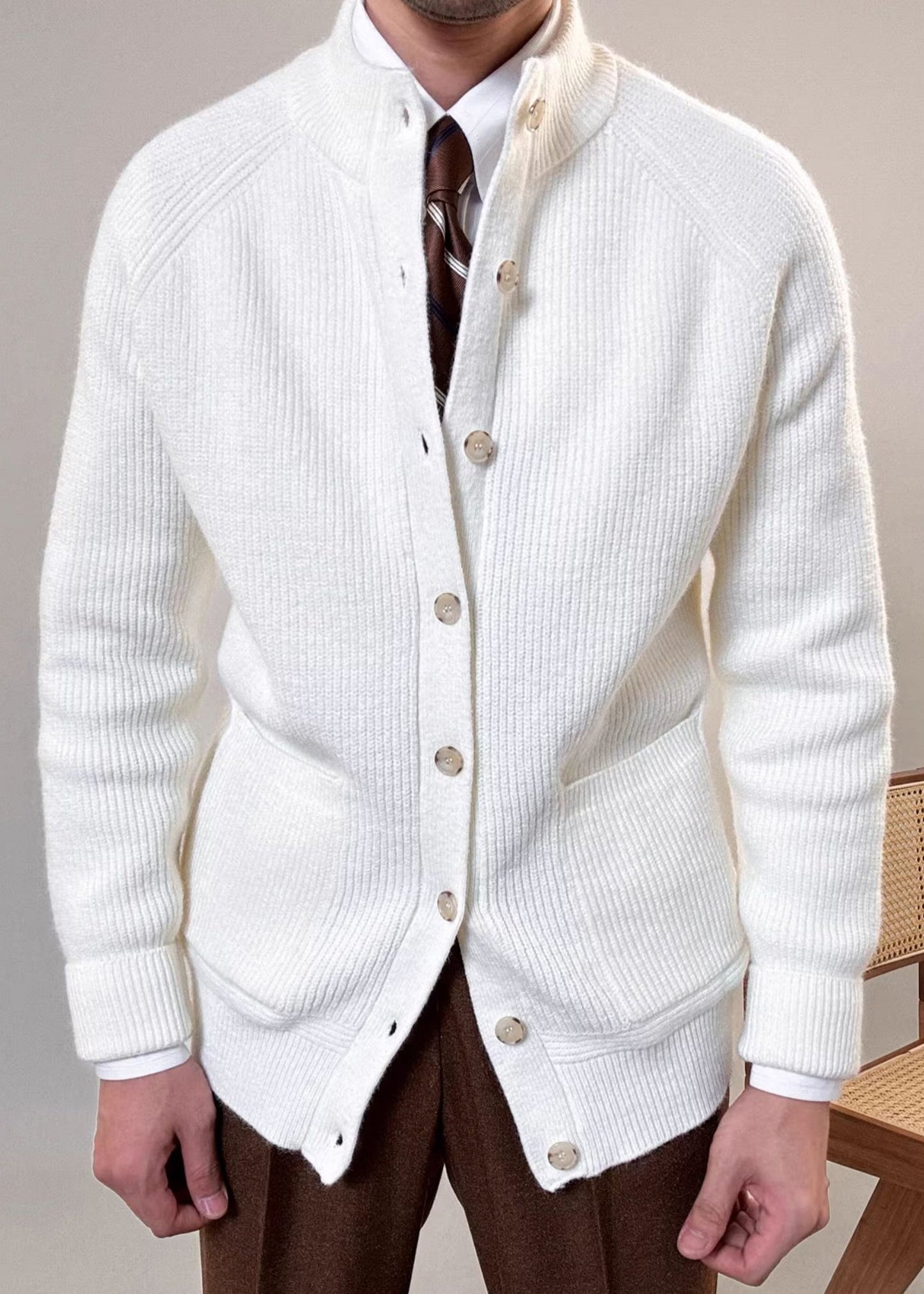 White Stand Collar Button Cotton Knit Coat Spring