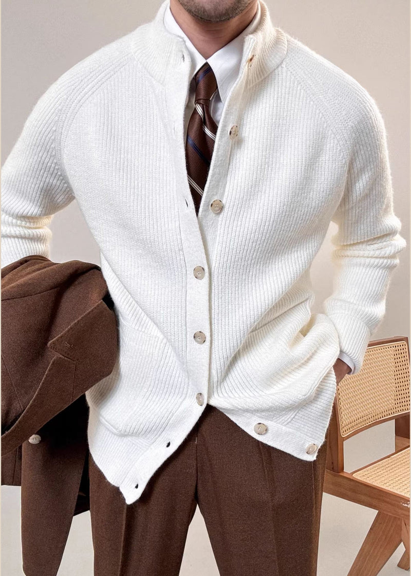 White Stand Collar Button Cotton Knit Coat Spring