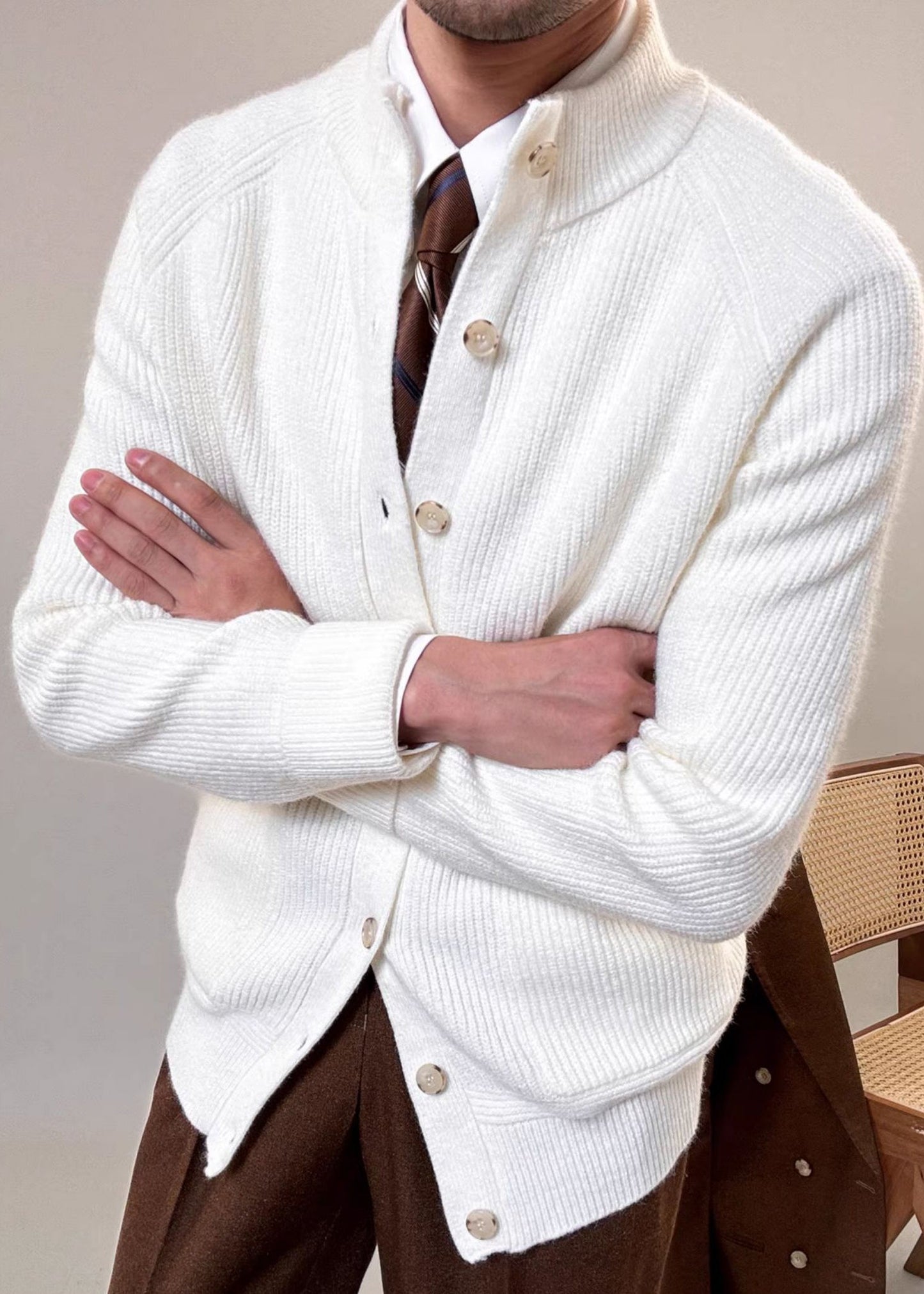 White Stand Collar Button Cotton Knit Coat Spring