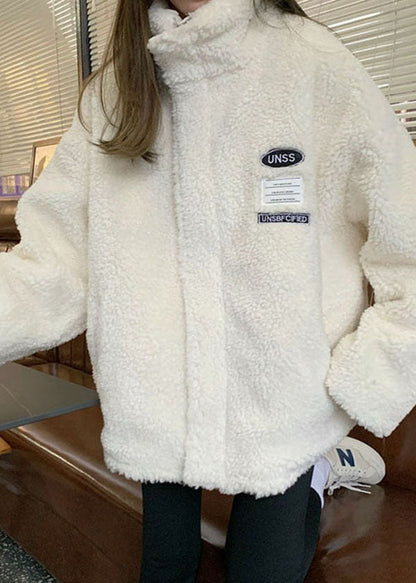 White Stand Collar Pockets Wear on Both Sides Faux Fur Coat Winter