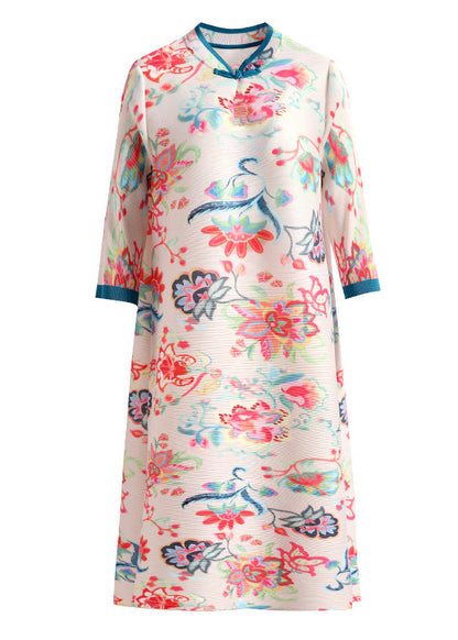 White Stand Collar Print Button Wrinkled Long Dresses Half Sleeve