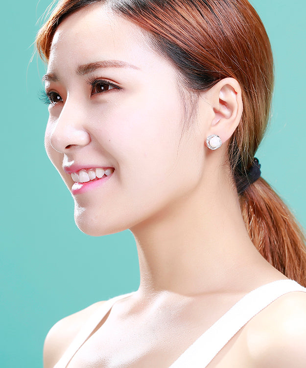 White Sterling Silver Inlaid Zircon Jade Stud Earrings
