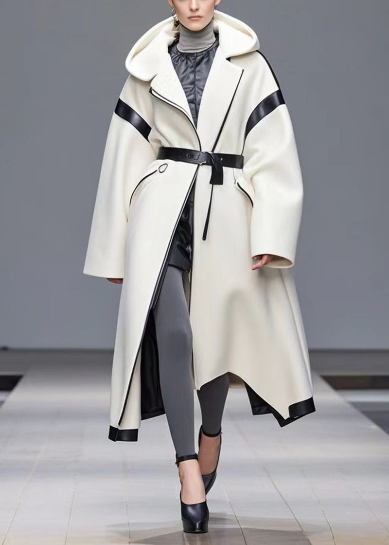 White Tie Waist Patchwork Woolen Hoodie Coat Fall
