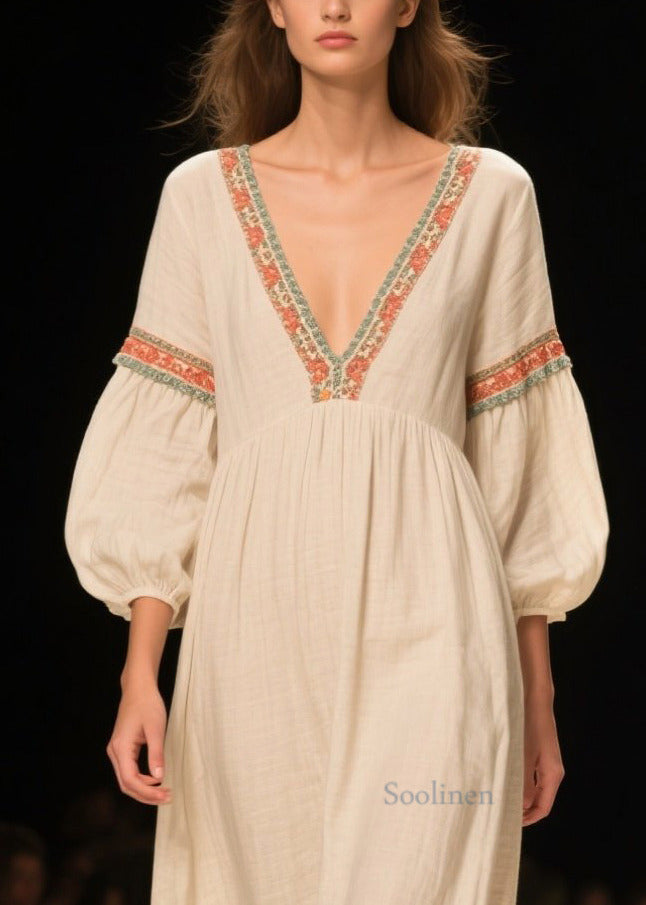 White V Neck Patchwork Linen Maxi Dresses Bracelet Sleeve