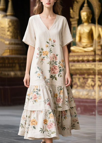 White V Neck Print Linen Dresses Summer