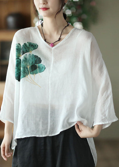 White V Neck Print Linen Shirt Top Batwing Sleeve