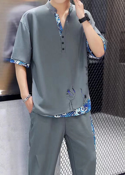 White V Neck Print Patchwork Ice Silk T Shirt and Beam Pants Two Piece Set Summer
