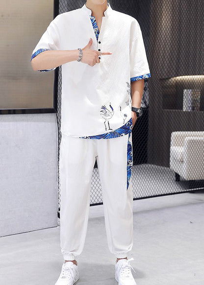 White V Neck Print Patchwork Ice Silk T Shirt and Beam Pants Two Piece Set Summer