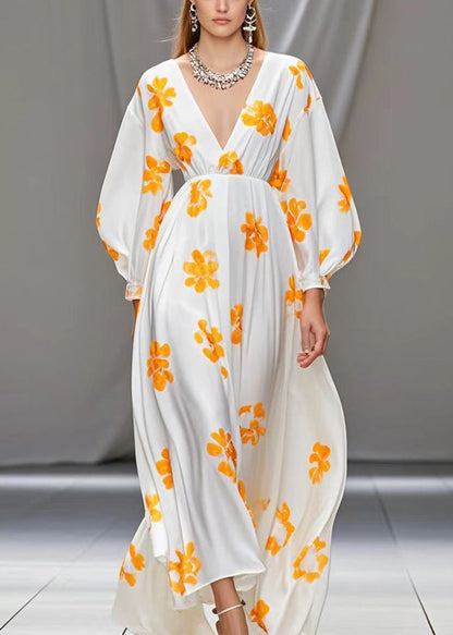 White V Neck Print Silk Vacation Dresses Spring