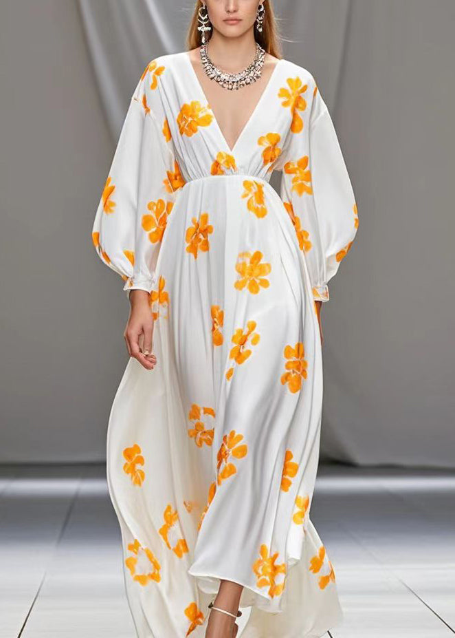 White V Neck Print Silk Vacation Dresses Spring