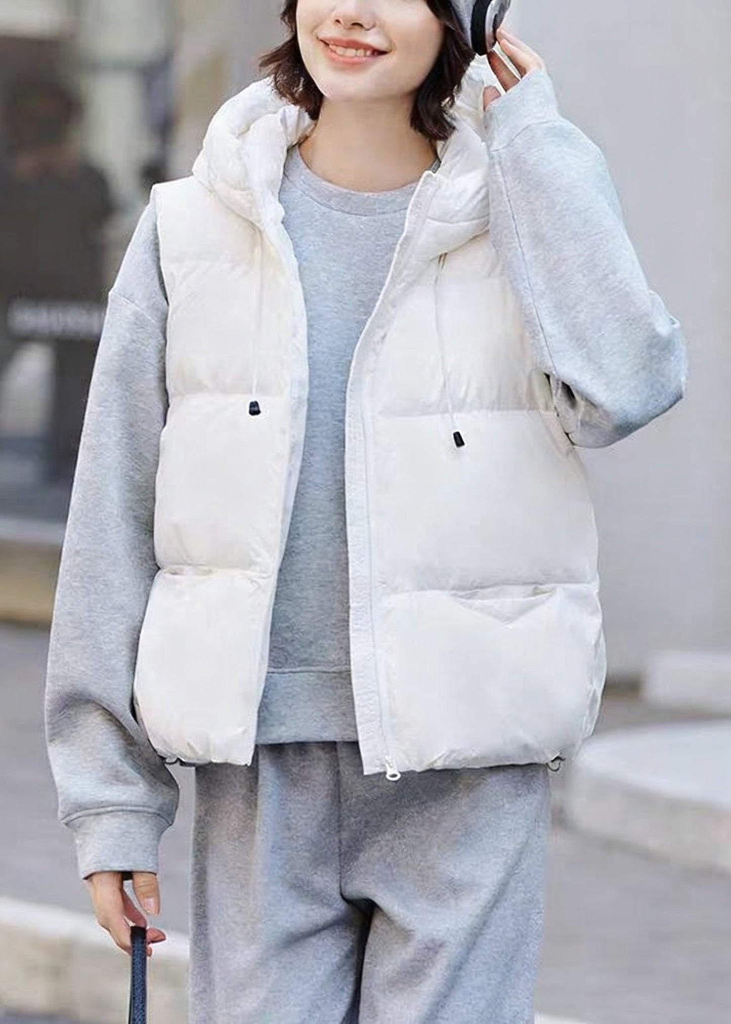 White Zip Up Pockets Drawstring Duck Down Waistcoat Winter