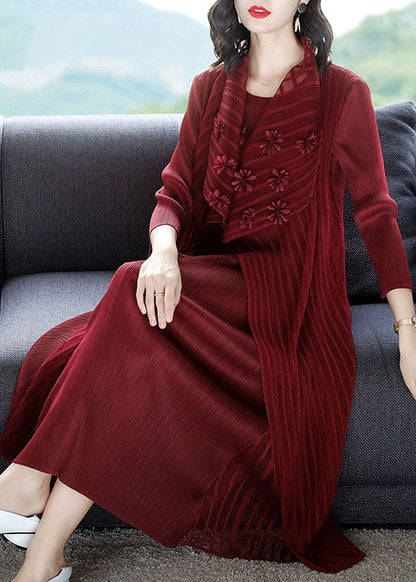 Wine Red O-neck Patchwork Fake Two Pieces Maxi Dress Long Sleeve