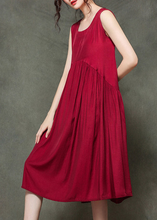 Rose O-neck Wrinkled Long Dresses Sleeveless