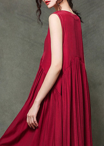 Rose O-neck Wrinkled Long Dresses Sleeveless