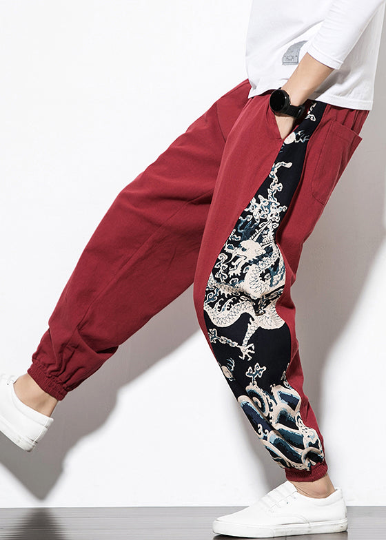 Wine Red Print Patchwork Cotton Beam Pants Summer