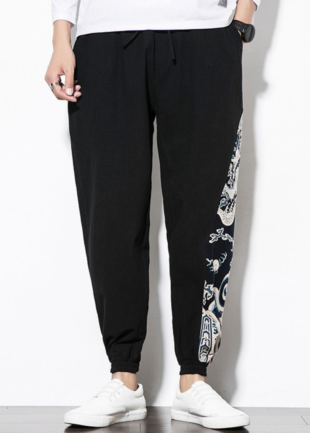 Wine Red Print Patchwork Cotton Beam Pants Summer