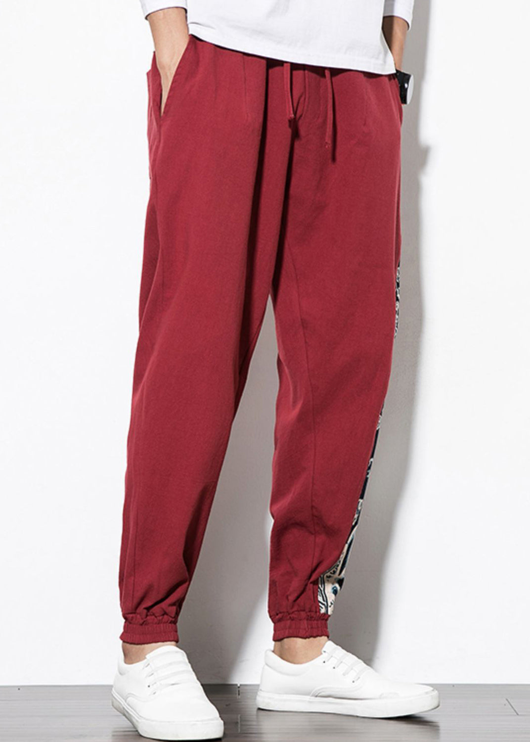 Wine Red Print Patchwork Cotton Beam Pants Summer