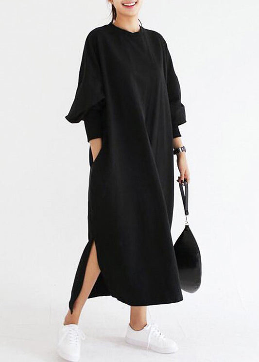 Crew Neck Batwing Sleeve Striped Black Long Sweatshirt Dress