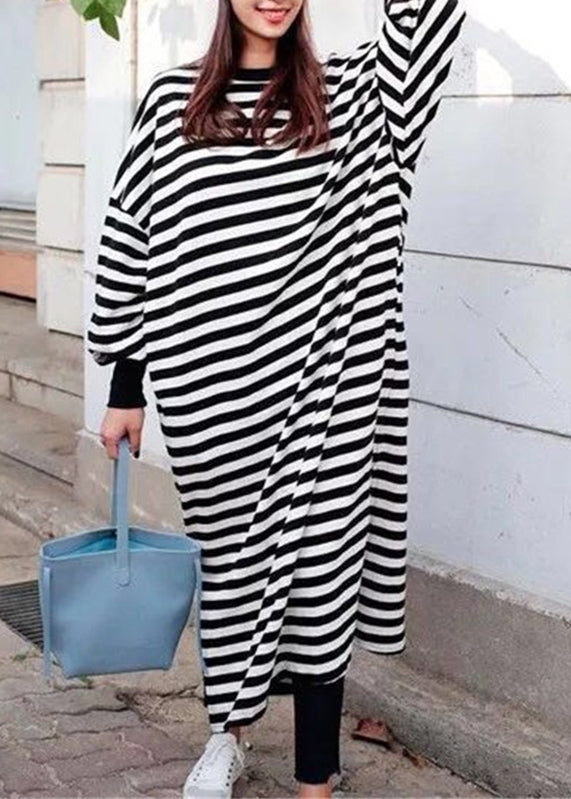 Crew Neck Batwing Sleeve Striped Black Long Sweatshirt Dress