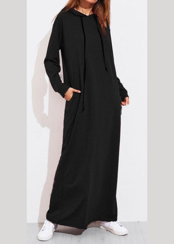 Color Full Sleeve Long Hooded Sweatshirt Dress Dark Gray