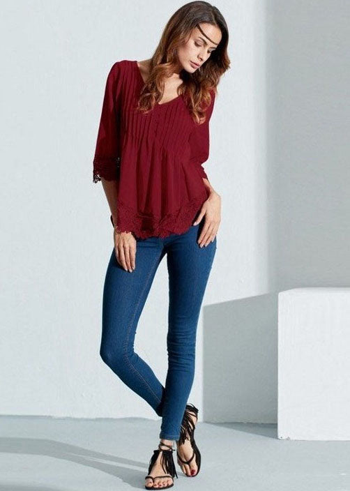 V-neck Pleated Lace Patchwork Three Quarter Sleeve Blouse