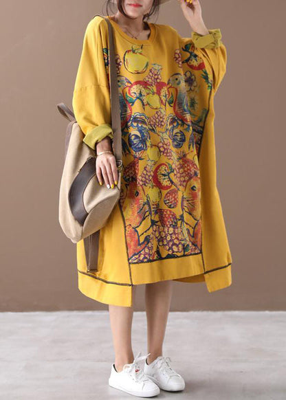 Yellow Asymmetrical Print Cotton Loose Sweatshirt Dress Winter