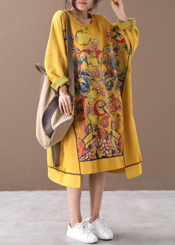 Yellow Asymmetrical Print Cotton Loose Sweatshirt Dress Winter