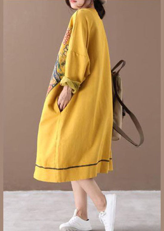 Yellow Asymmetrical Print Cotton Loose Sweatshirt Dress Winter