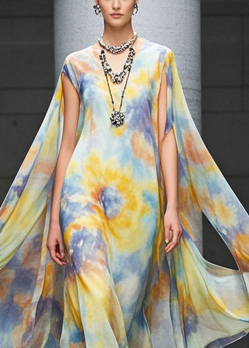 Yellow Asymmetrical Tie Dye Chiffon Beach Dress Summer