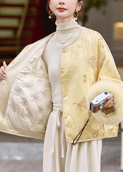 Yellow Embroidered Patchwork Fox Fur Duck Down Coats Winter