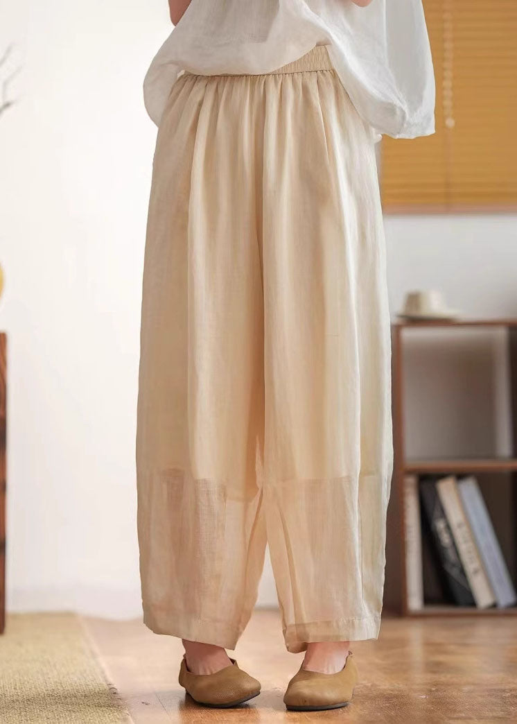 Yellow Green Pockets Elastic Waist Linen Crop Pants Summer