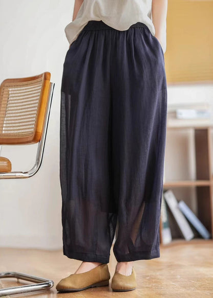 Yellow Green Pockets Elastic Waist Linen Crop Pants Summer