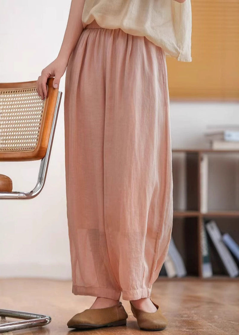 Yellow Green Pockets Elastic Waist Linen Crop Pants Summer