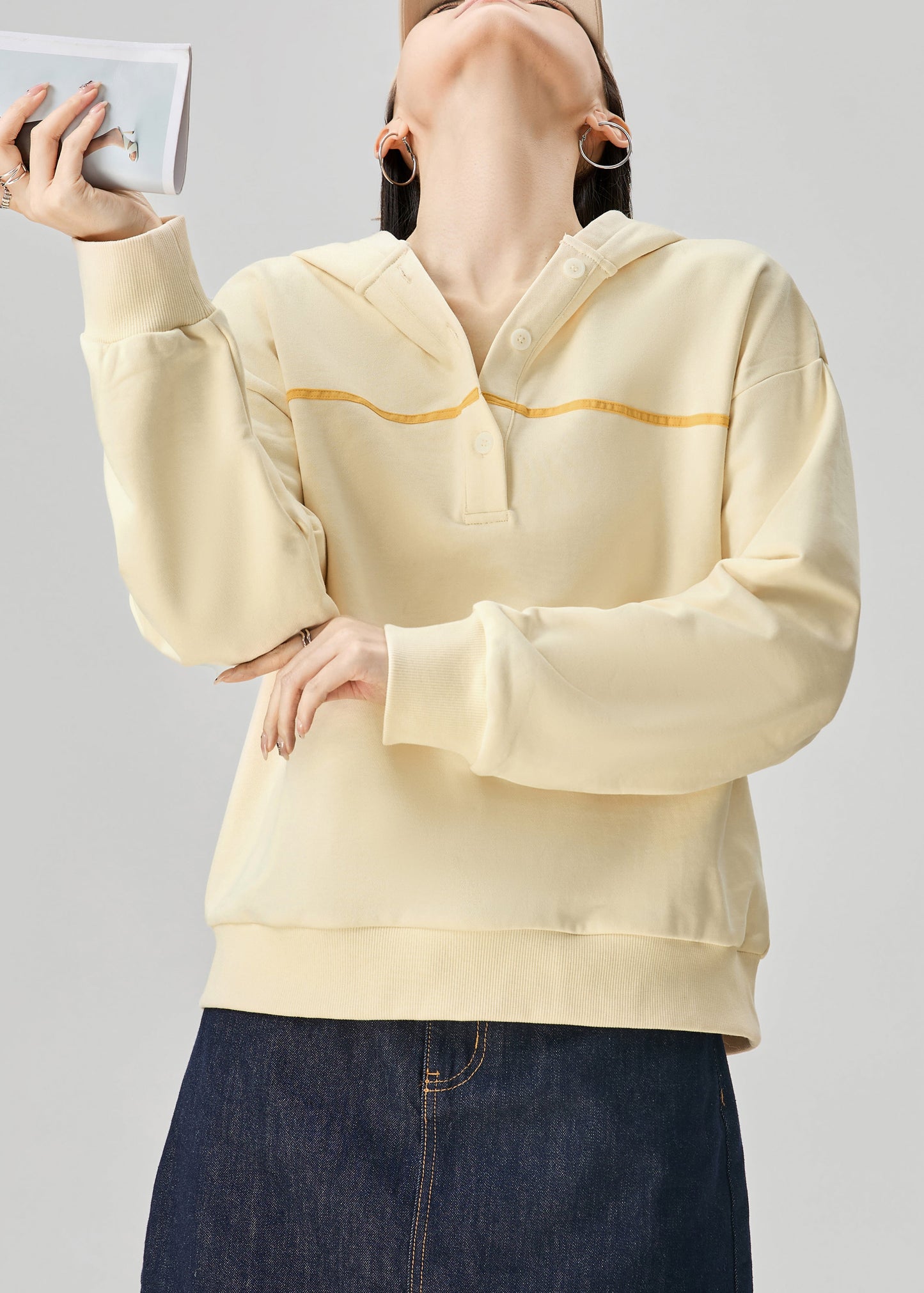 Casual Yellow Hooded Button Cotton Sweatshirt Fall