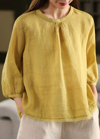 Yellow O Neck Patchwork Linen Blouse Top Summer
