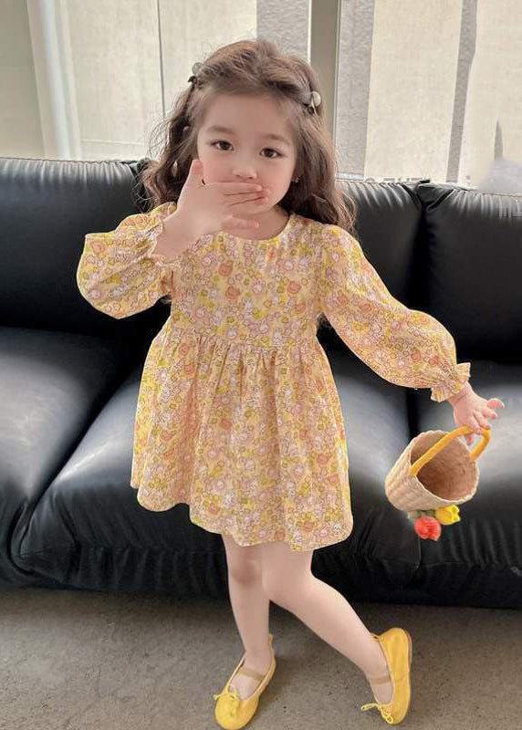Yellow O-neck Print Mid Dress Long Sleeve